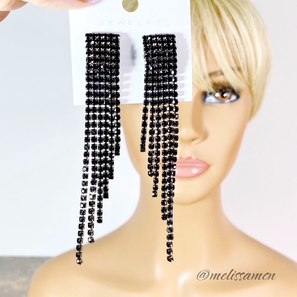 Lovely Face Framing Tiered Length Rhinestone Tassel Fringe Earrings
